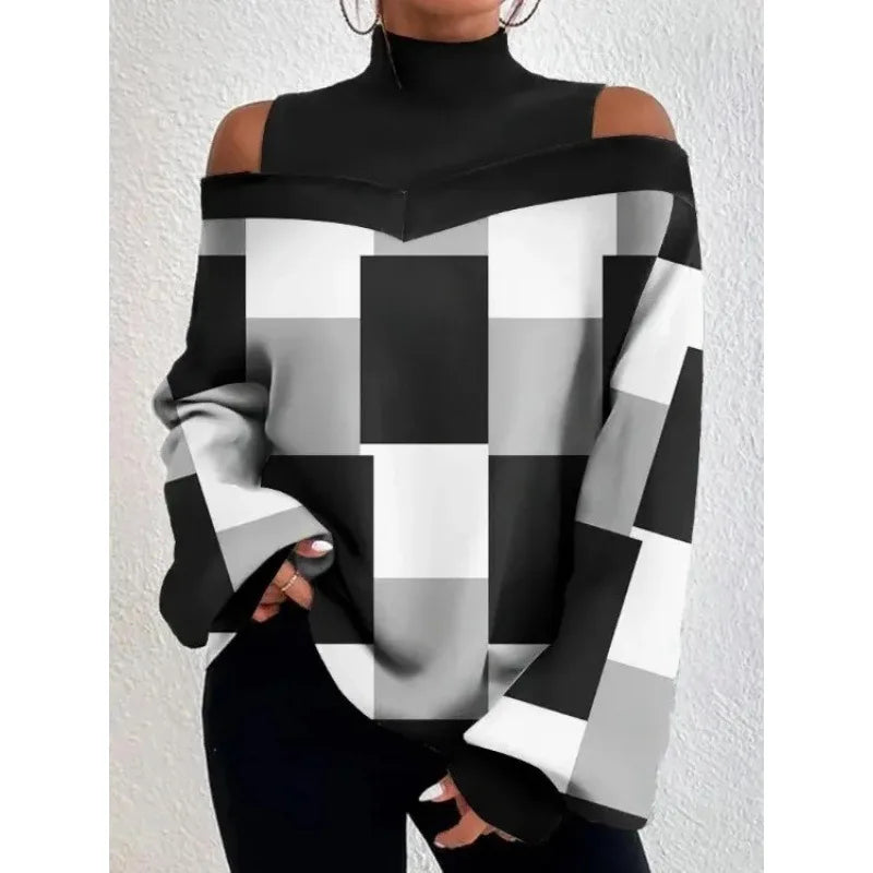 2024Ladies Long Sleeve Turtleneck Tops Women Sexy Off Shoulder Hollow Out Loose Printing T-shirt Autumn Fashion T-shirt Top 1
