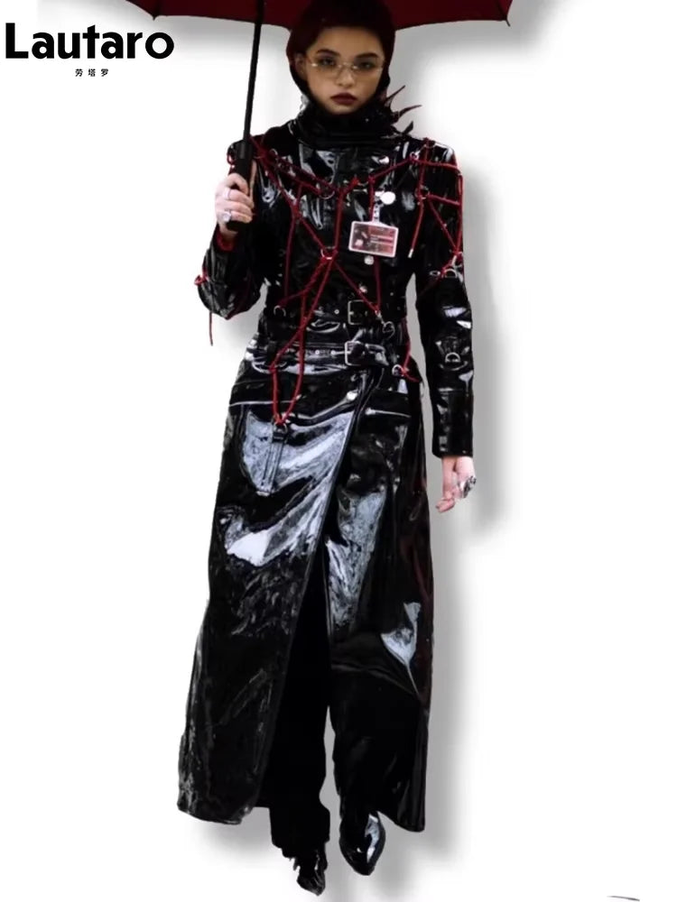 Lautaro Spring Long Cool Shiny Reflective Hard Patent Pu Leather Coat for Women Belt Luxury Designer Punk style Lace Up Clothes