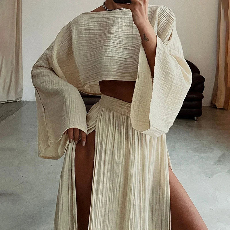 Elegant Women Crop Tops & High Waist Slit Maxi Skirts 2 Pieces Linen Pants Sets Beach Cover Ups Lounge Matching Sets