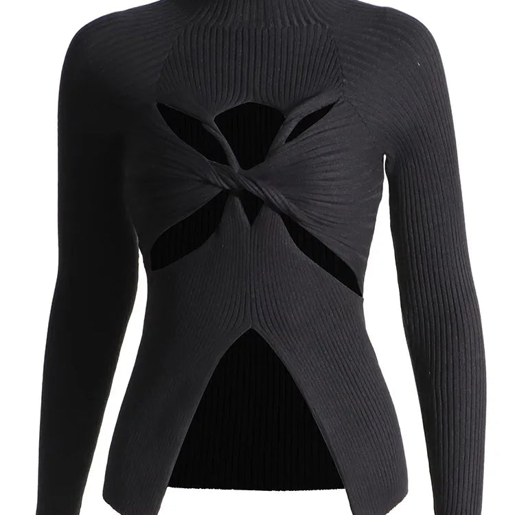 Slimming Crisscross Hollow Out Knitting Sweaters For Women Round Neck Long Sleeve Solid Casual Chic Sweater Female