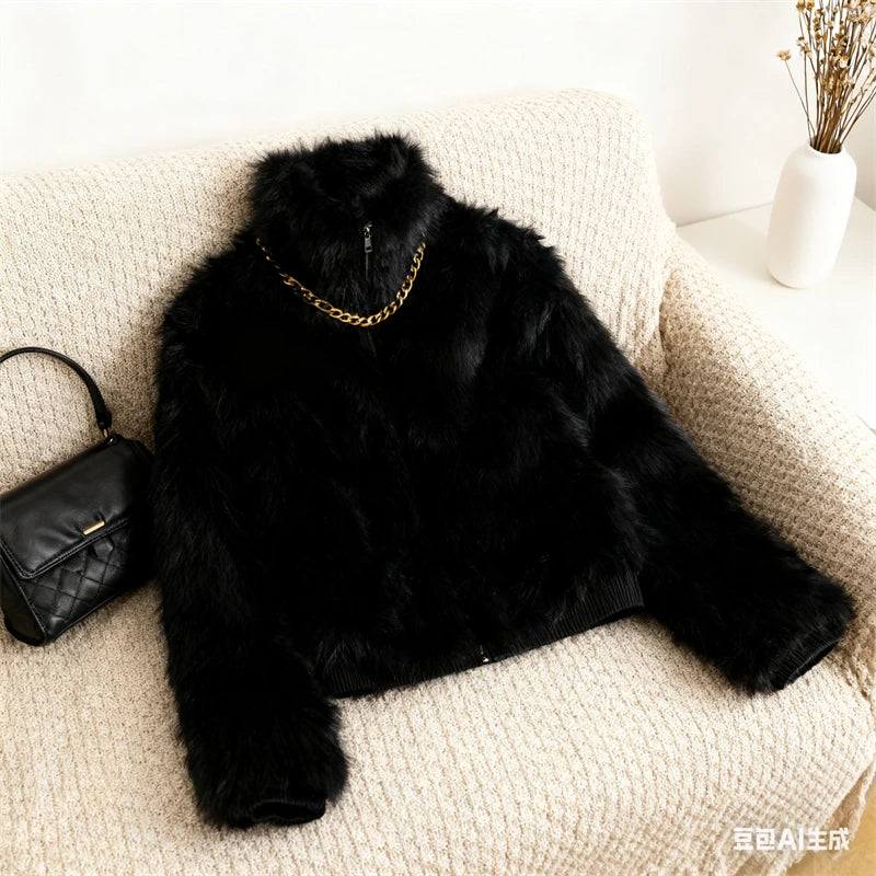 Black Faux Fur Bomber Jacket for Women - High Collar, Zipper Closure, Soft Fluffy Texture, Stylish Cold-Weather Coat