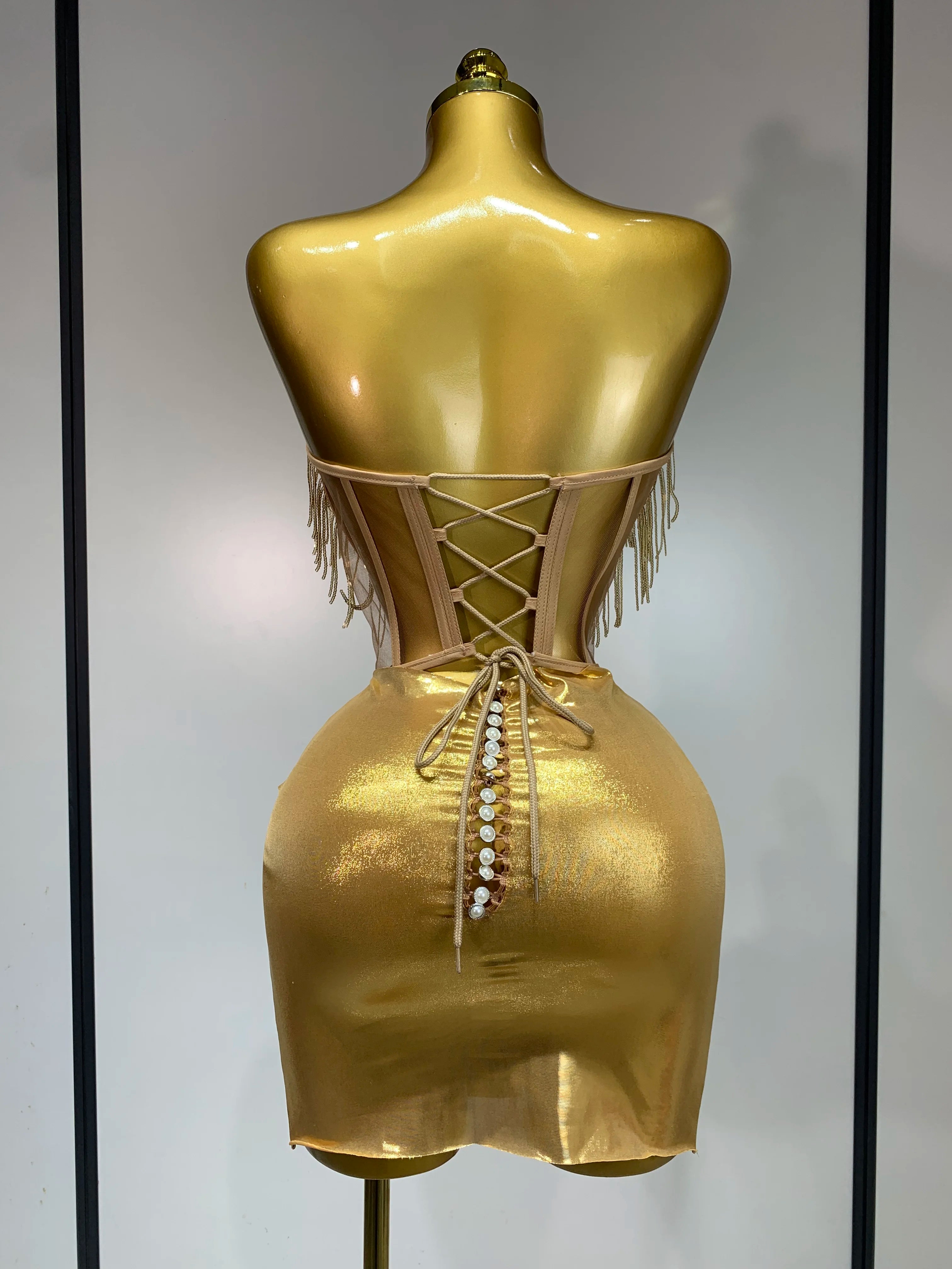 2025 Sparkly Gold Rhinstones tassels Top Skirt Set Women Sexy Strapless Designer Two Pieces Nightclub Evening Party Stage Outfit