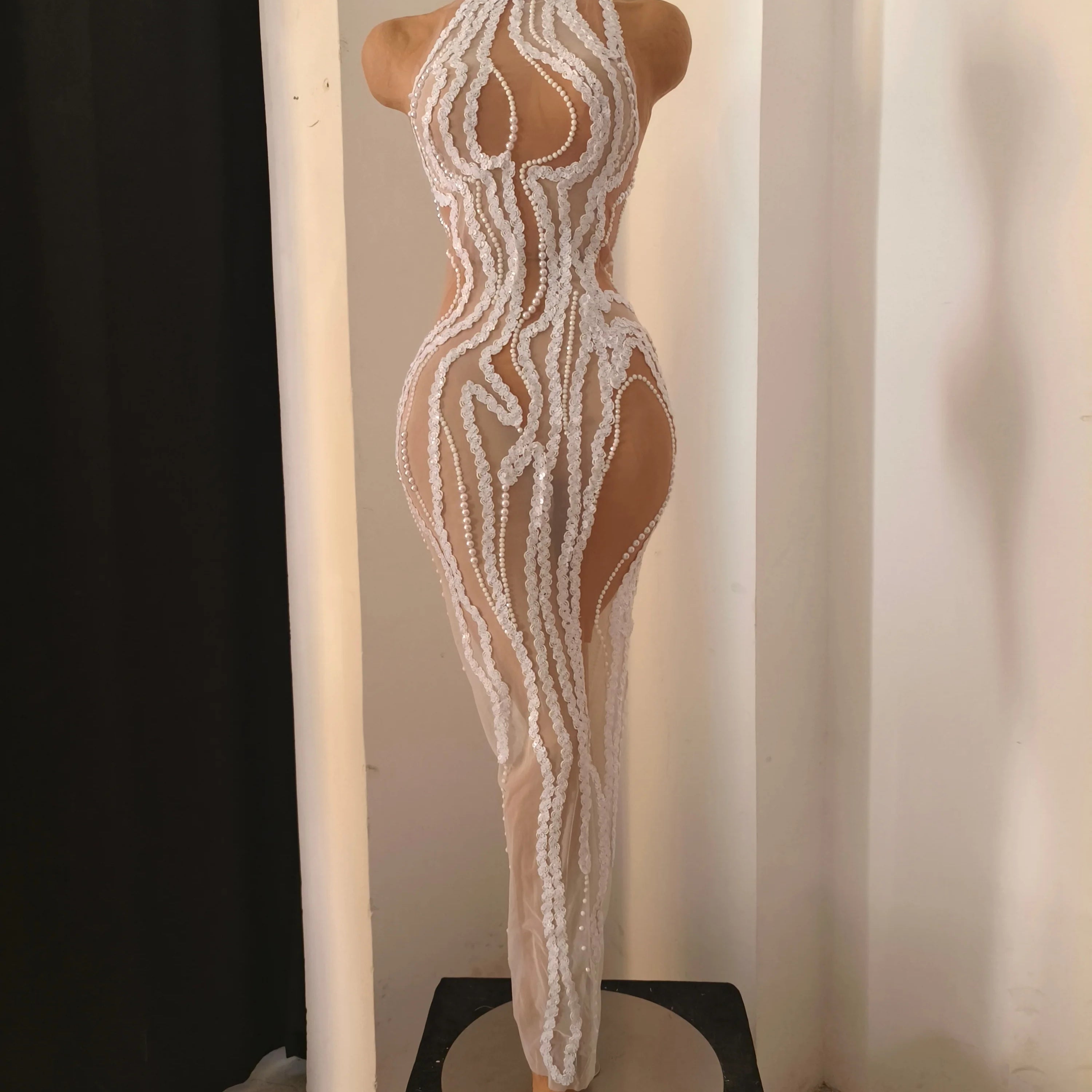 Refined White Sheer Mesh Maxi Dress Women Sexy High Neck Pearl Lace Bodycon Cocktail Nightclub Evening Gala Party Costume