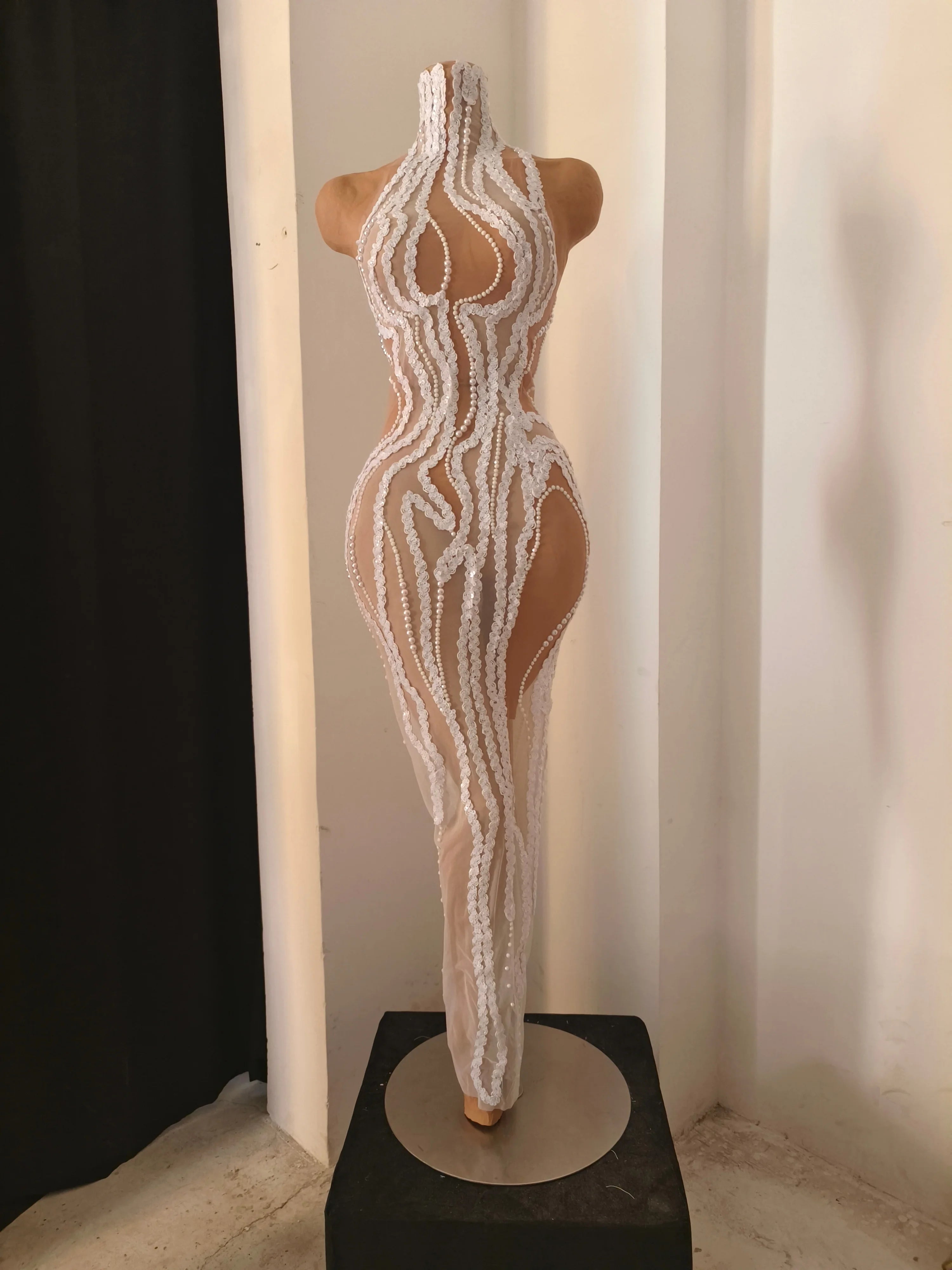 Refined White Sheer Mesh Maxi Dress Women Sexy High Neck Pearl Lace Bodycon Cocktail Nightclub Evening Gala Party Costume