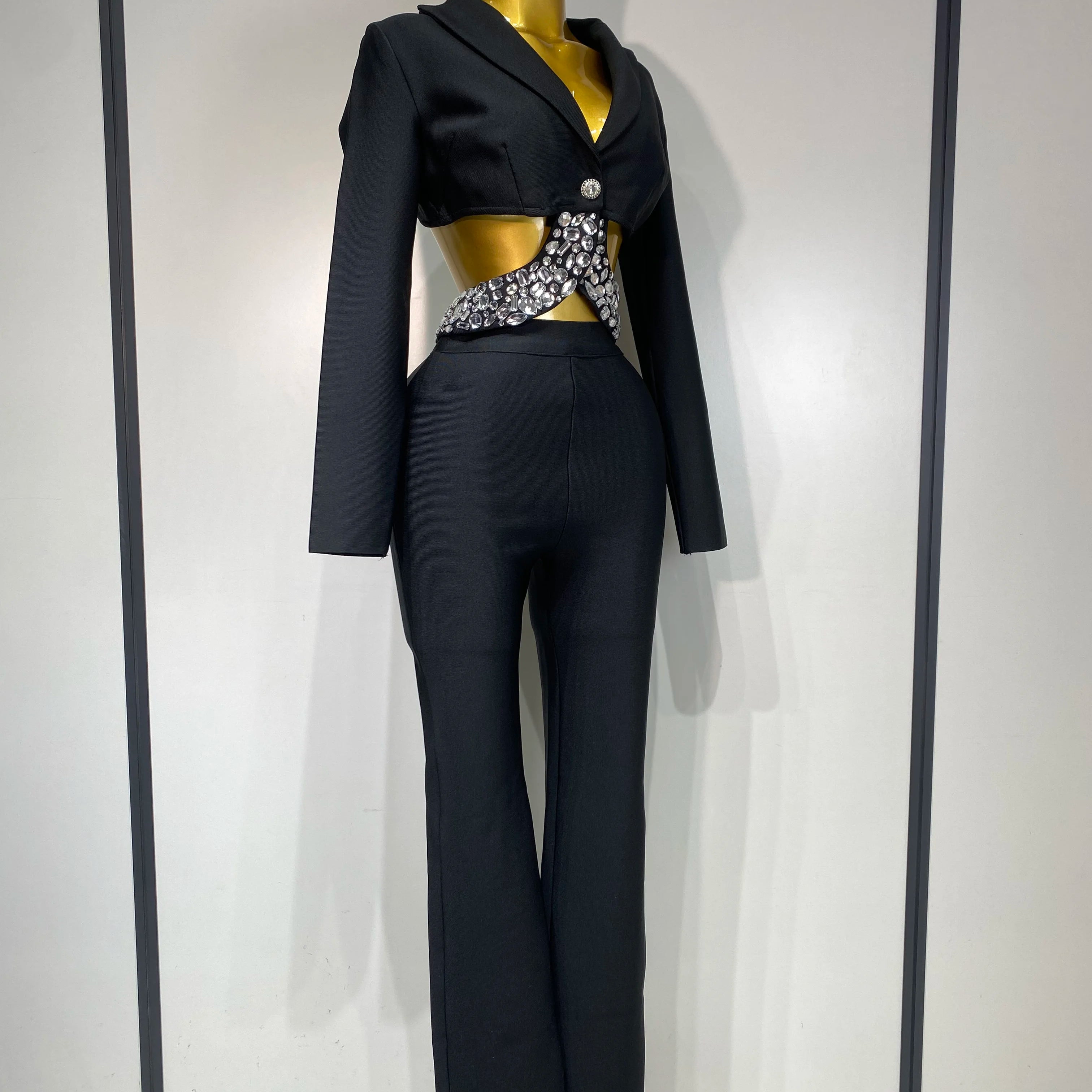 Women Sexy Cut Out Long Sleeve Beading Bodycon Two Pieces Pants Bandage Set Celebrity Designer Fashion Women Luxury Birthday Set