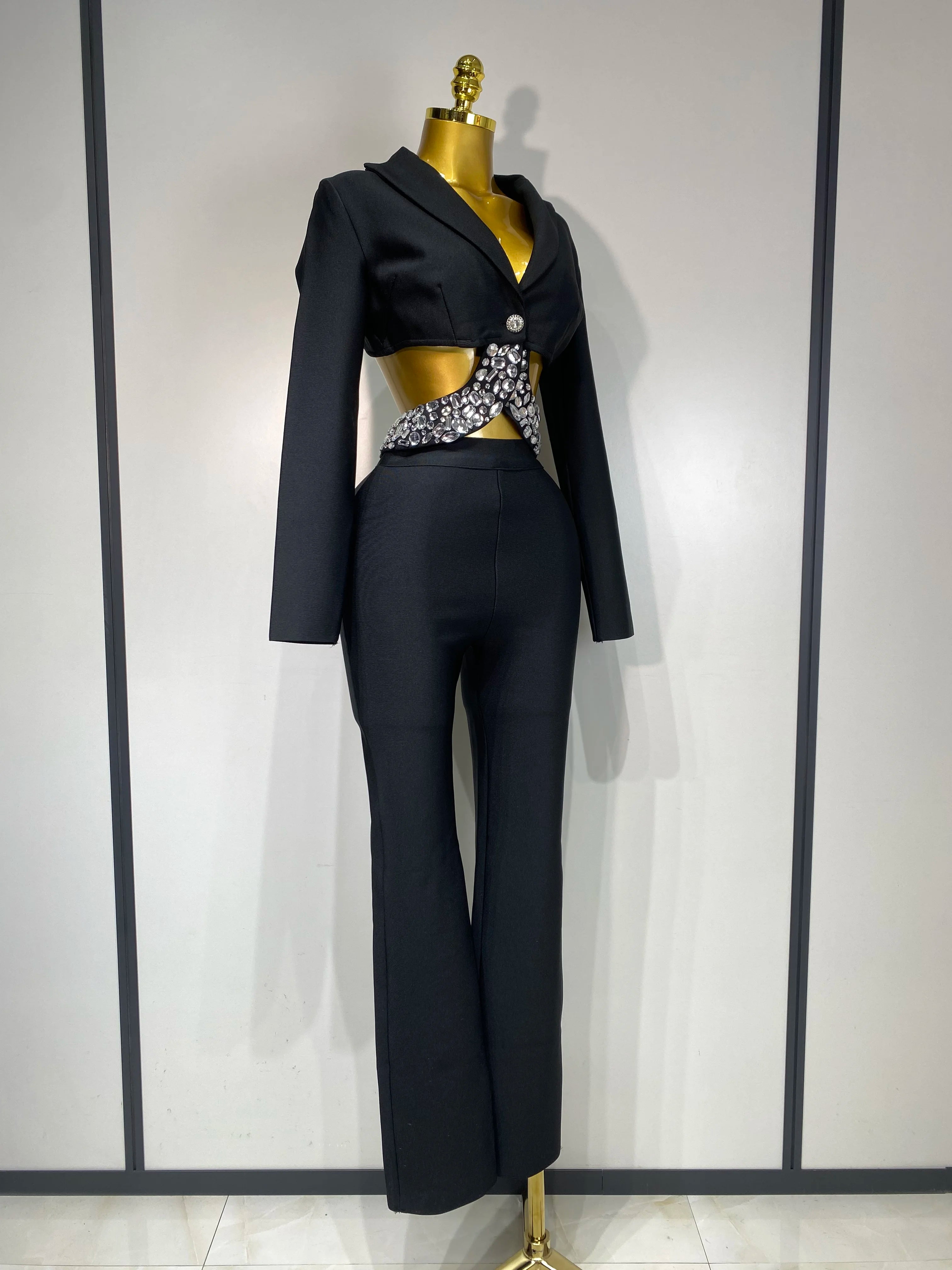 Women Sexy Cut Out Long Sleeve Beading Bodycon Two Pieces Pants Bandage Set Celebrity Designer Fashion Women Luxury Birthday Set