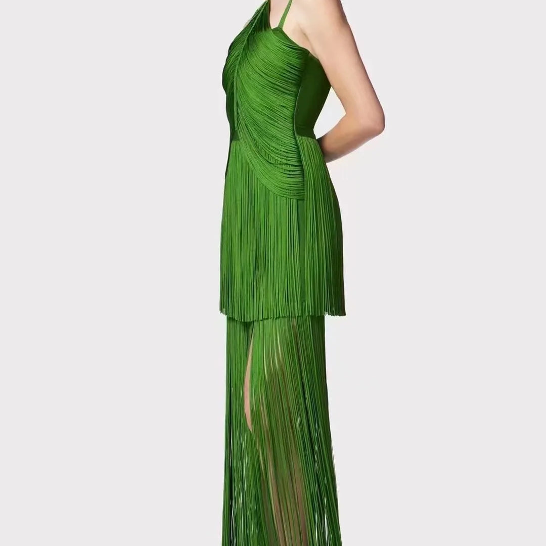 Women Celebrity Luxury Sexy Backless Tassel Green Ankle Length Bodycon Bandage Dress 2024 Elegant Evening Club Party Outfit