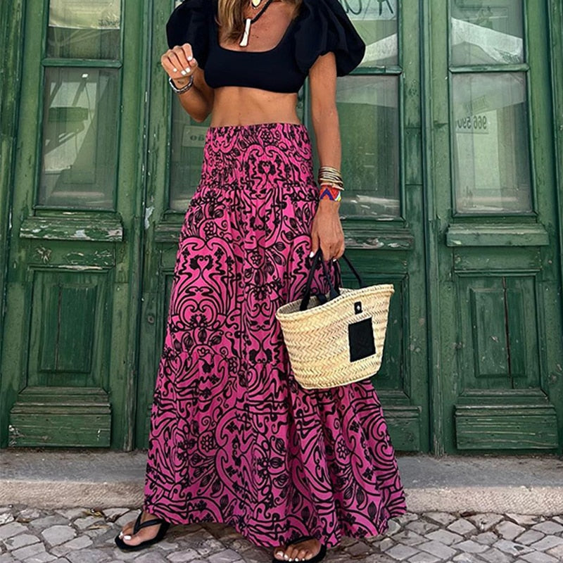 Summer Loose Hem Elastic Wasit Long Skirt For Women Casual Beach Styly Boho Skirt Lady Vintage Floral Print Holiday Beach Skirts 01 Rose Red