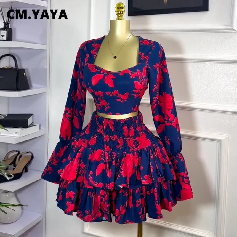 Beach Women Set Street Print Long Sleeve Shirts + Pleated Ruffles Mini Skirts Suits 2025 Party Street Two 2 Piece Sets