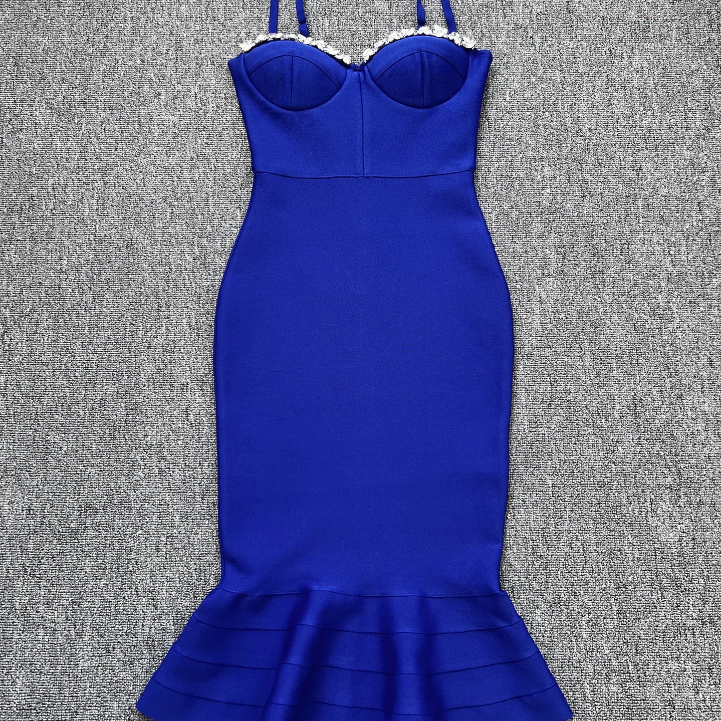 Women Sexy Long Style Fashion Bandage Dress Rayon Backless V Camisole Slim Bodycon Fashion Ruffle Edge Celebrity Party Dress Blue