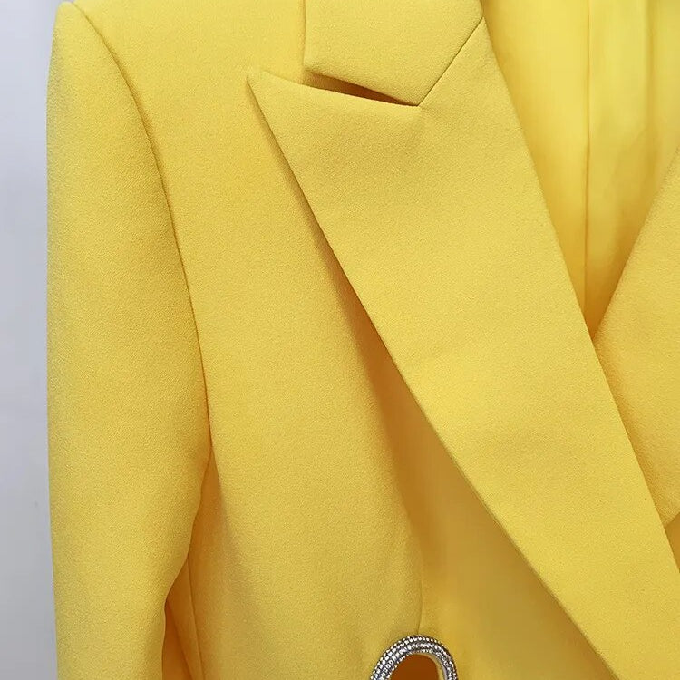 Yellow Pants Set 2024 New Designer Blazer with Diamond Striped Split Suit Jacket Straight Trouser Two Piece Set Outfits Women