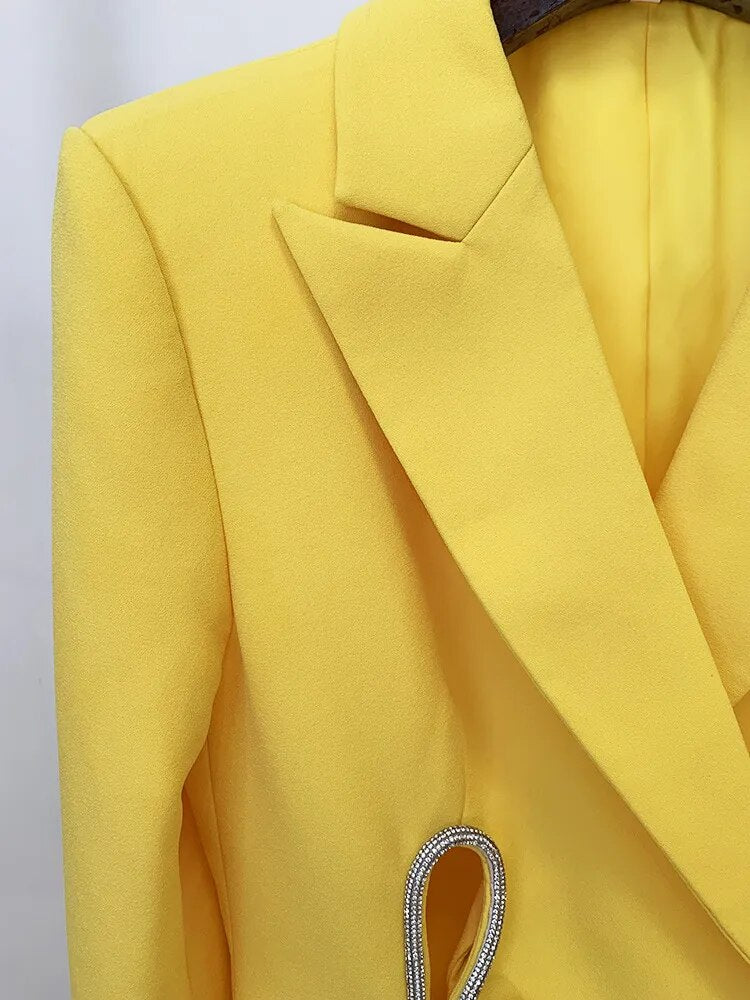 Yellow Pants Set 2024 New Designer Blazer with Diamond Striped Split Suit Jacket Straight Trouser Two Piece Set Outfits Women