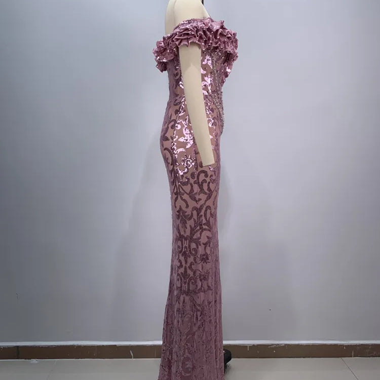 New Luxury Sexy Off Shoulder Ruffles Pink Mesh Sequins Maxi Long Women Celebrity Dress 2024 Elegant Party Evening Club Vestido