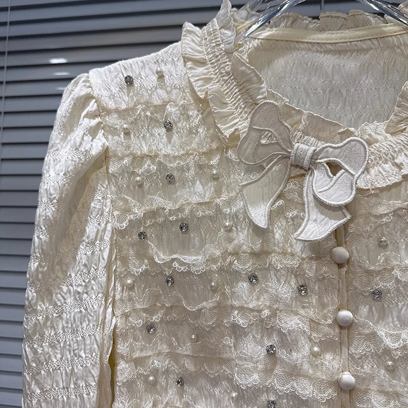 Winter New High-End Elegant Bowknot Pin Beaded Pleated Design Shirt For Women Versatile Blouse Female Trend 11A07851