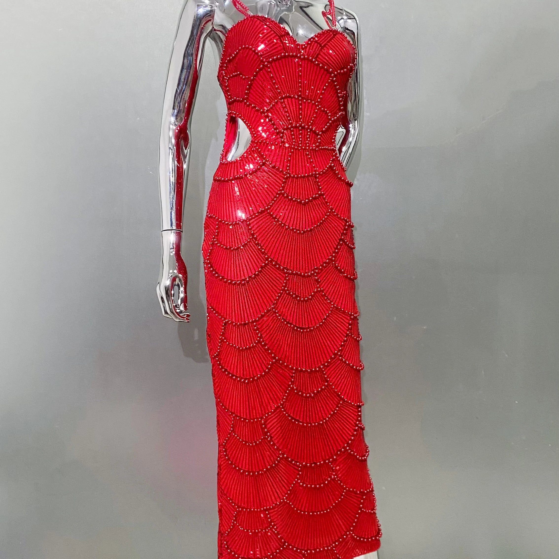 New Red Color Women Sexy Strap Shinning Beading Sequins Bodycon Long Dress Celebrate Evening Party Cocktail Dress Wholesale