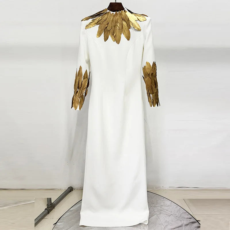 Hit Color Slimming Spliced Glod Feathers Dresses for Women High Neck Long Sleeves Temperament Dress Female Fashion APRICOT