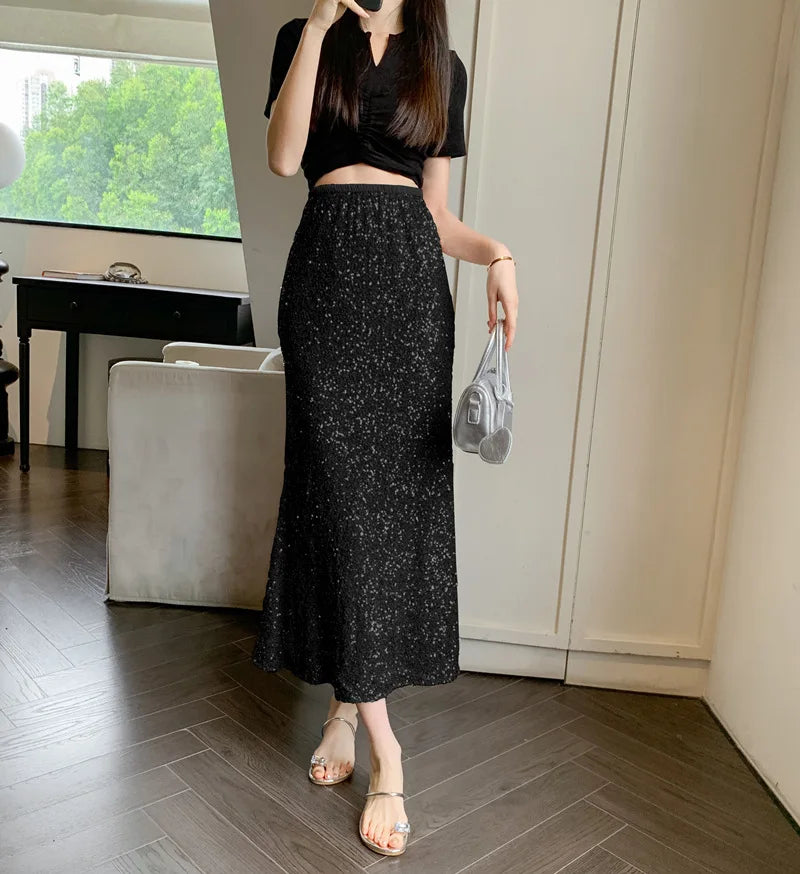 New Heavy Industry Sequins Fish Tail Skirt for Spring/summer Luxury Sexy High Waisted Slimming Hip Pack Long Mermaid Skirt Black 5141