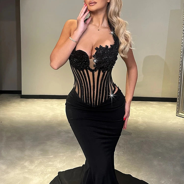 Glamorous Black Halter Sequin Flower Mesh Top Mermaid Dress for Galas Evening Gown