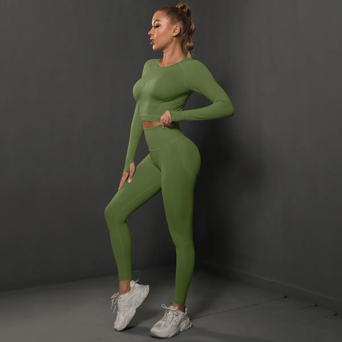 2Pcs Women Sets Energy Seamless Gym Suits Bubble Butt Sports Pants+Long Sleeve Shirts Push Up Running Sets Tracksuits Tights Set Army Green