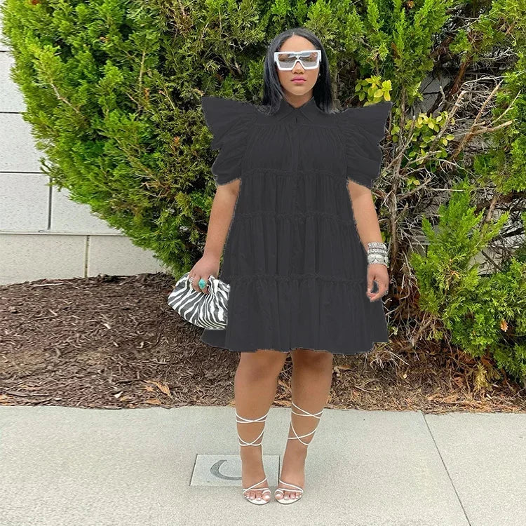 Elegant Women Puff Short Sleeve Smock Dress 2022 Summer Chic Big Swing Loose Turn-down Neck Sundress Vestidos black