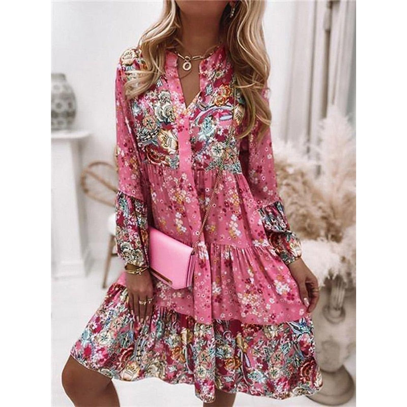 Summer Boho Mini Dress - Flora Print Batwing Sleeve Lace-Up V Neck Loose Button Dresses Ladies Beach Party Dress Vestido pink