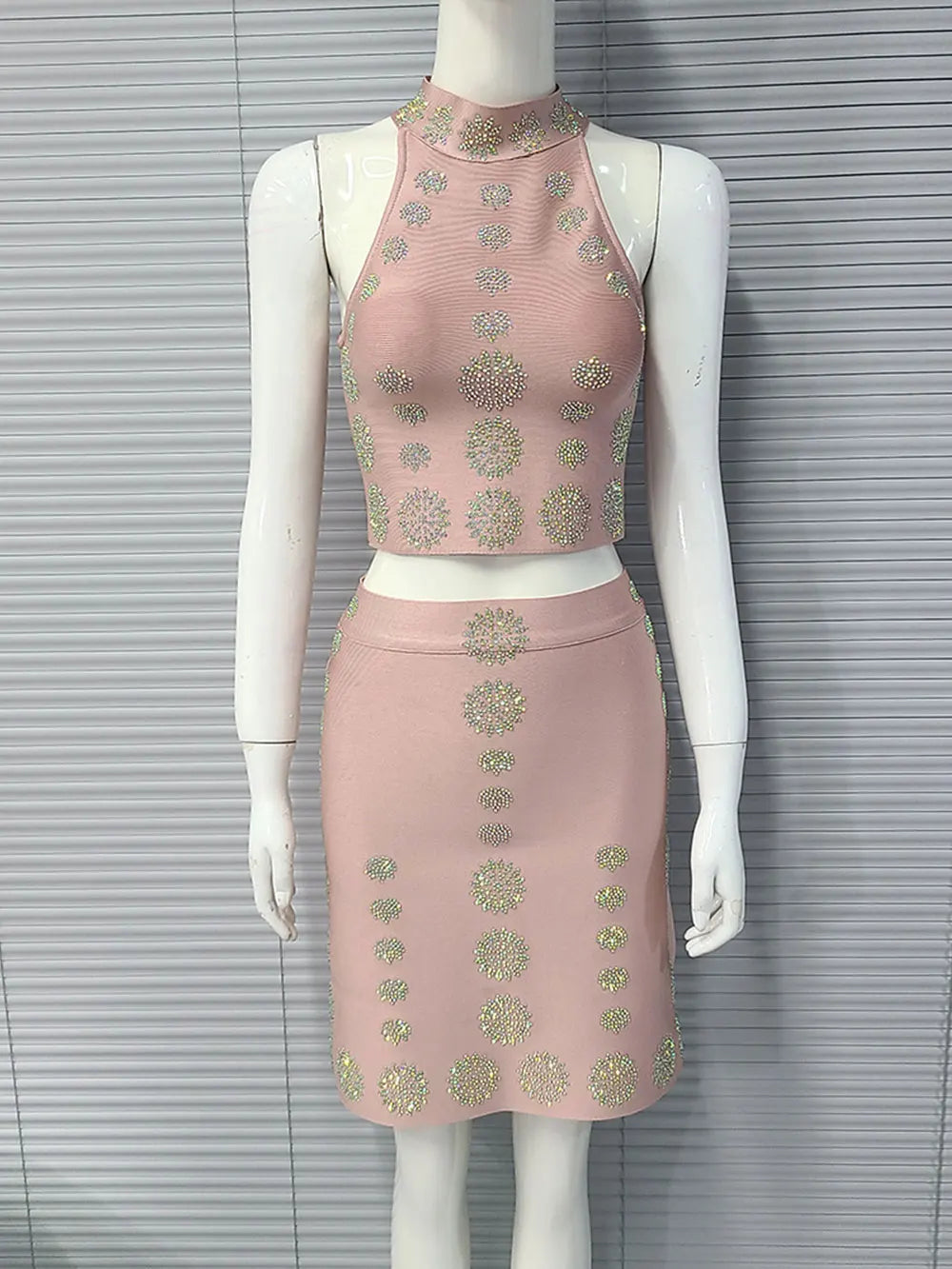 2025 Sexy Women's Hot Diamond Top+Bandage Short Skirt Sets O-neck Sleeveless Short Tank Top+High Waist Short Skirt Two Piece Set Khaki