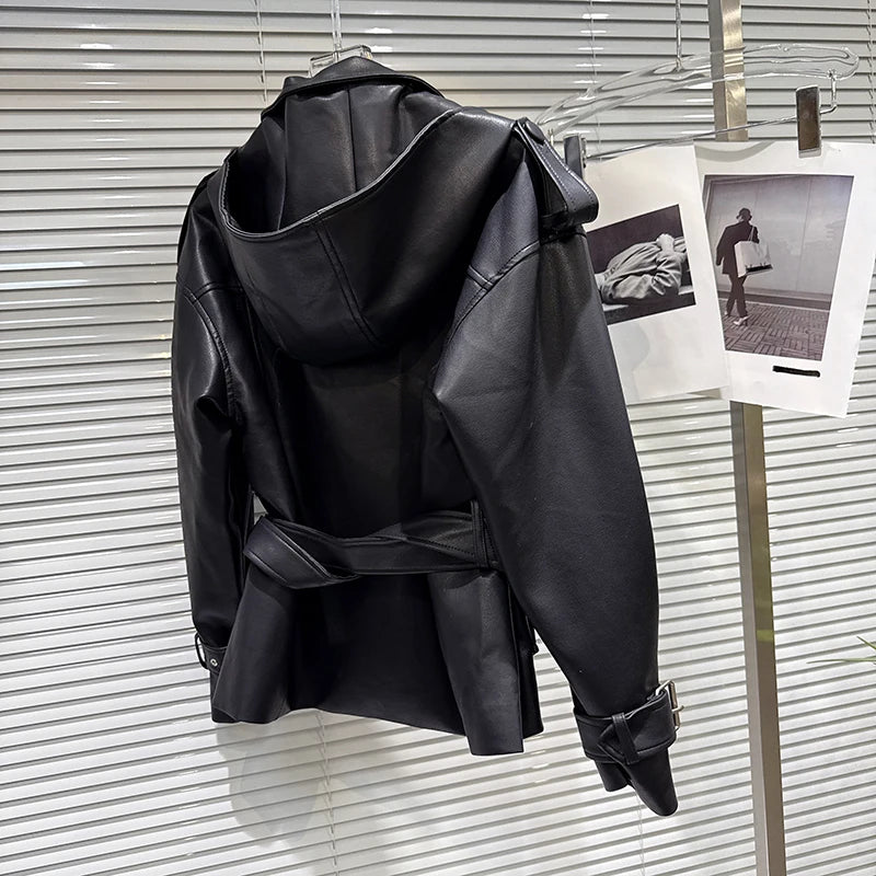 Winter New Fashionable Street Style Double-Breasted Belted Waist PU Leather Hooded Jacket For Women Coat 11A07952