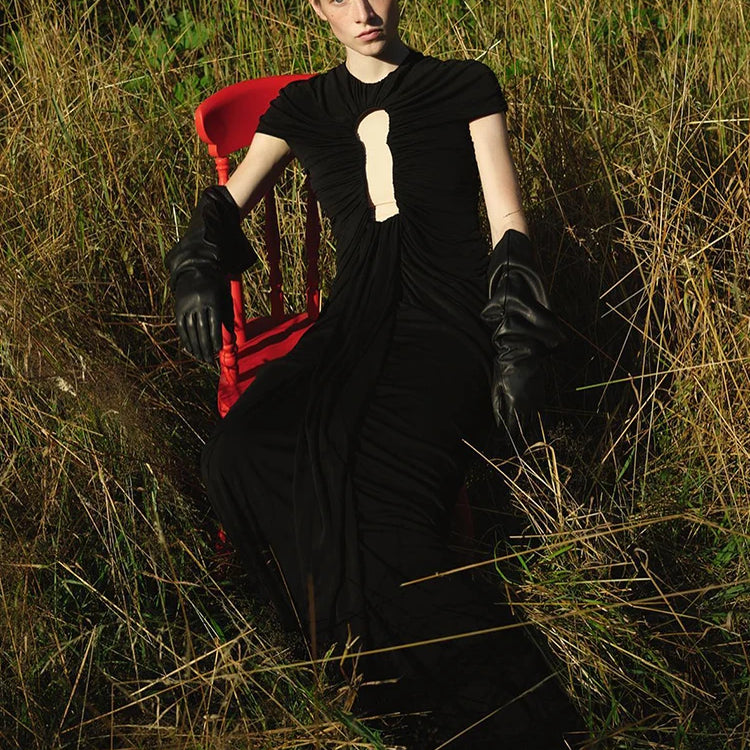 Black Long Key Hole Dress Bustier Ruched Mesh Maxi Dress Round Neck With Gloves Cocktail Party Evening Gowns for Night Out