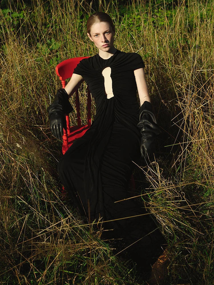 Black Long Key Hole Dress Bustier Ruched Mesh Maxi Dress Round Neck With Gloves Cocktail Party Evening Gowns for Night Out