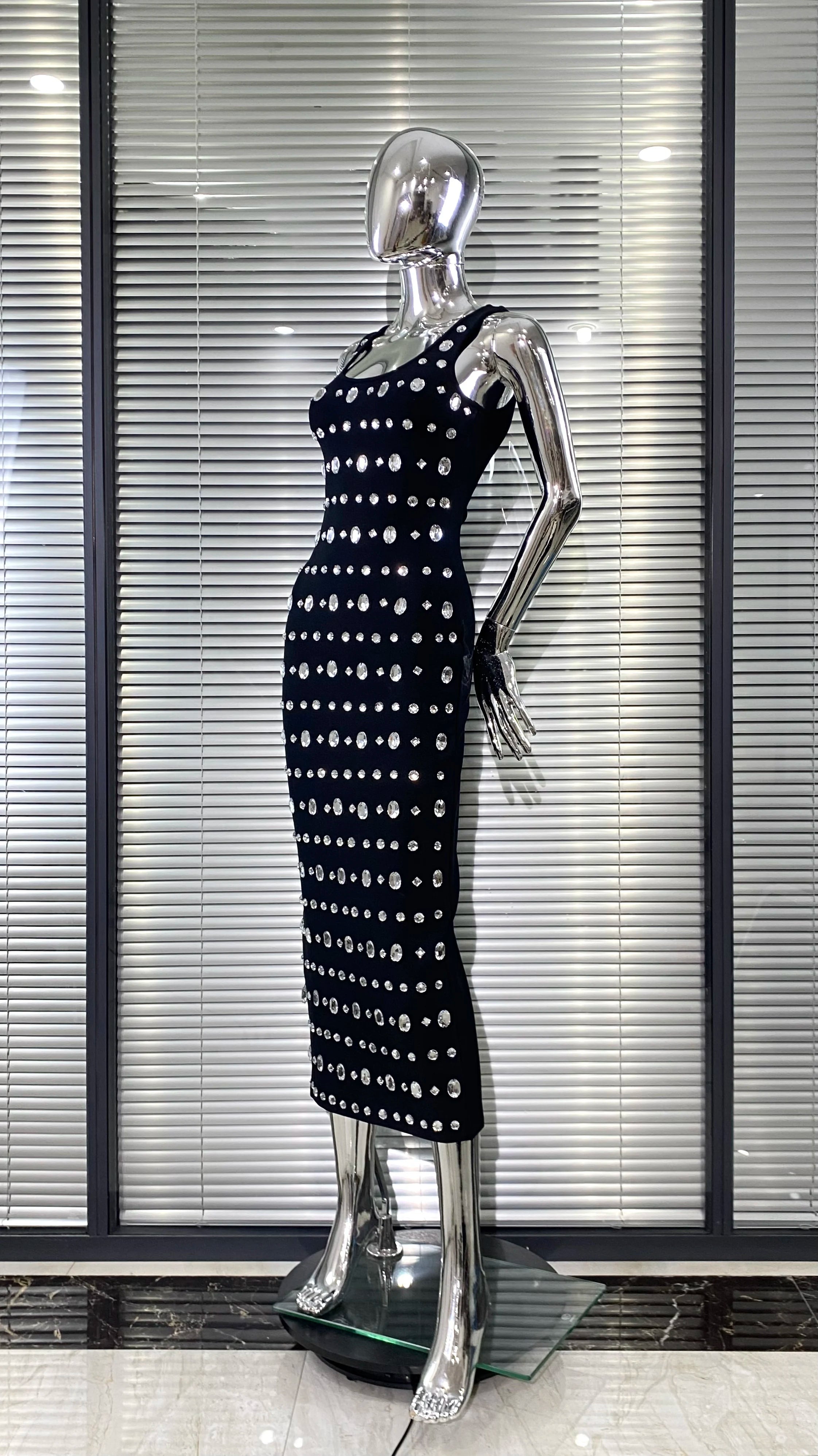 Sparkling Diamonds Sleeveless Package Black Bandage Ankle Length Dress Woman evening Party Dress Celebrity Birthday Party Outfit