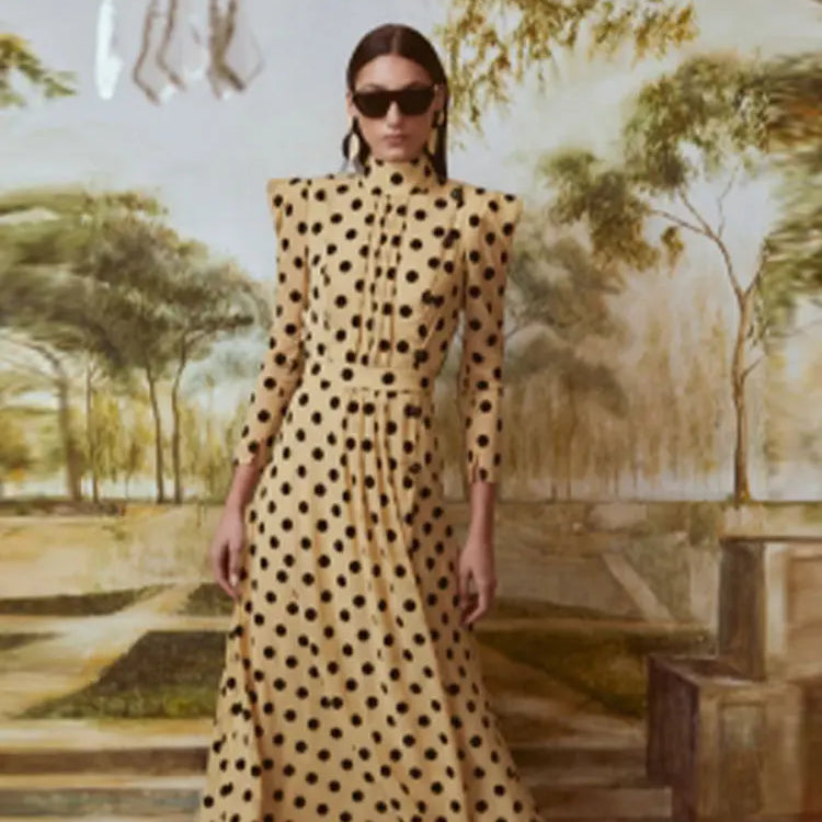 Elegant Polka Dot Printed Women's Slit Maxi Dress Chic Mock Neck Shoulder Pads Backless Robe Spring Female Fashion Vestidos