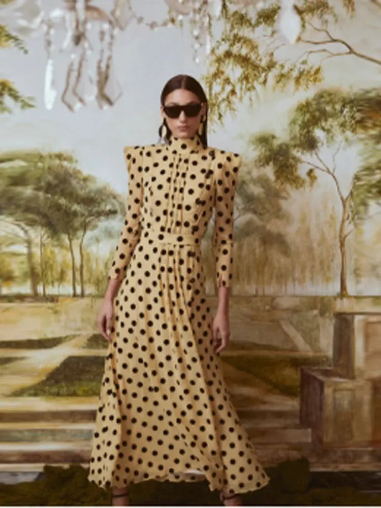 Elegant Polka Dot Printed Women's Slit Maxi Dress Chic Mock Neck Shoulder Pads Backless Robe Spring Female Fashion Vestidos