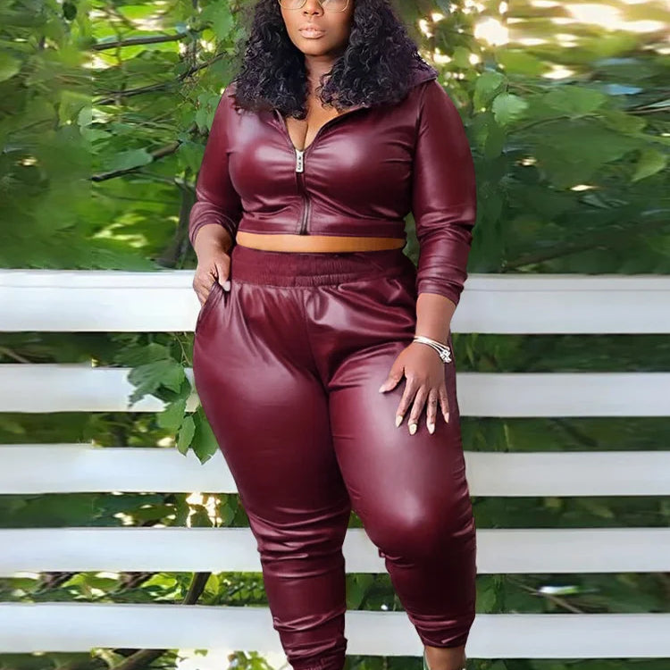 Wmstar Plus Size PU Two Piece Outfits Women Fall Clothing Hoodies Coat Pants Sets Legging Matching Set Wholesale Dropshipping deep red
