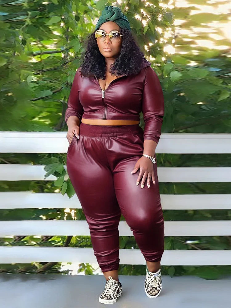 Wmstar Plus Size PU Two Piece Outfits Women Fall Clothing Hoodies Coat Pants Sets Legging Matching Set Wholesale Dropshipping deep red