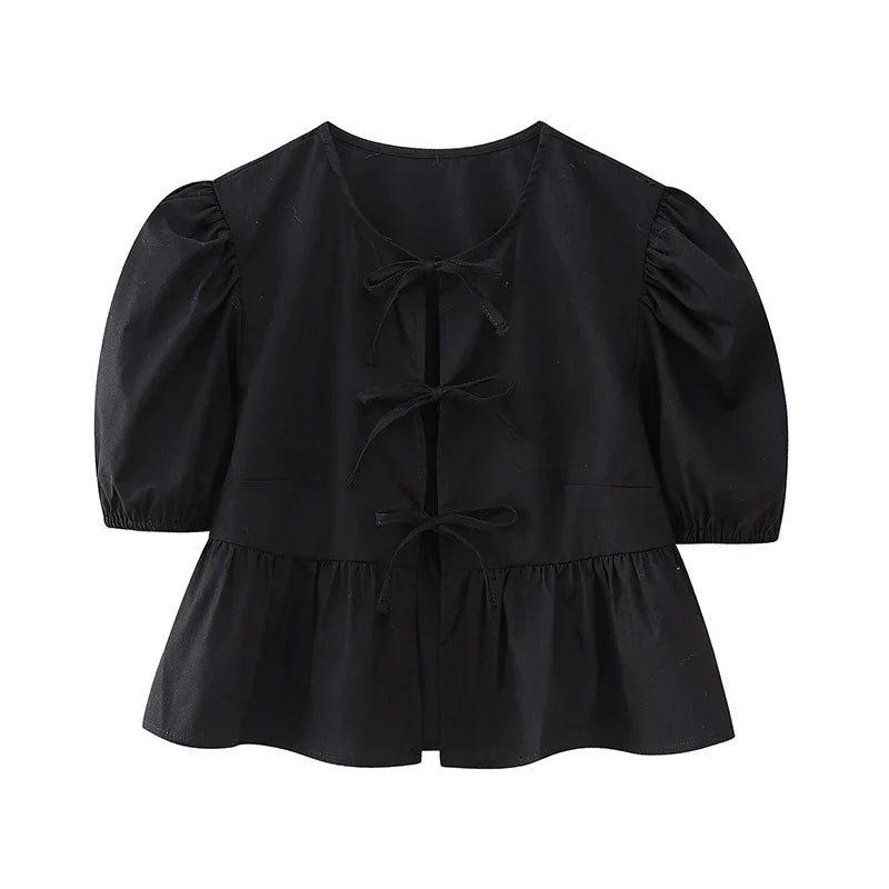 Bow Tied Lace Up Shirt Women Pleats Office Puff Sleeve Female Chic Slim Solid Tops Summer Sweet Lady V Neck Tops Black