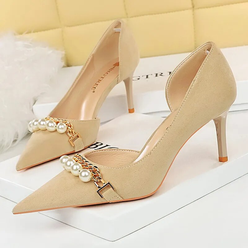 Spring Women Pumps Pearl Metal Chain High-heels Checked Grain Stilettos Women's Heels Luxury Banquet Shoes 43