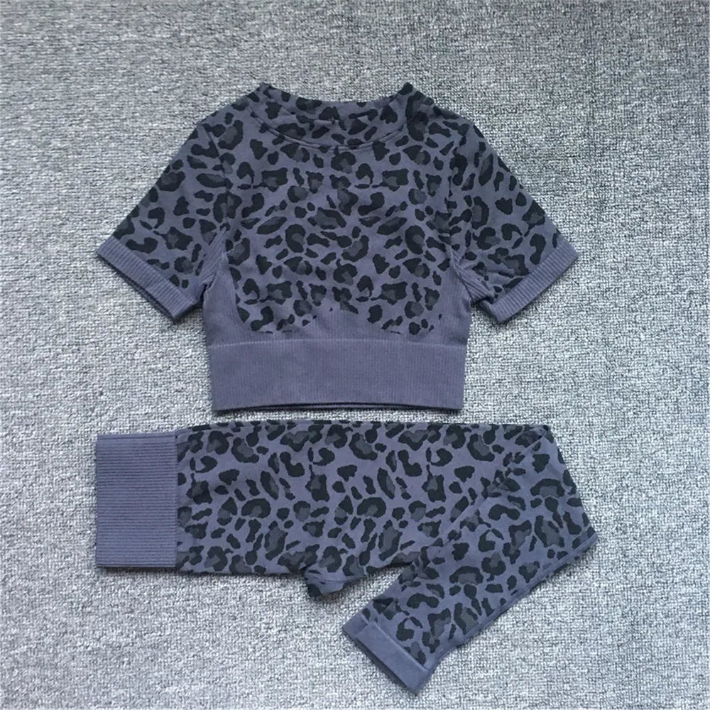 Women Fashion Sexy Leopard Printed 2 PCS Yoga Set Gym Shockproof Sports Bras Sport Leggings Running Work Out Training Suit black svtop pt set