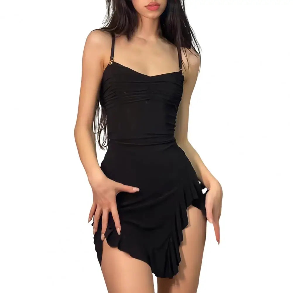 Summer Sexy Mini Dress Women Sleeveless Strap Streetwear Backless Folds Bodycon Split Black Dress Party Elegant A-LINE Dresses Black