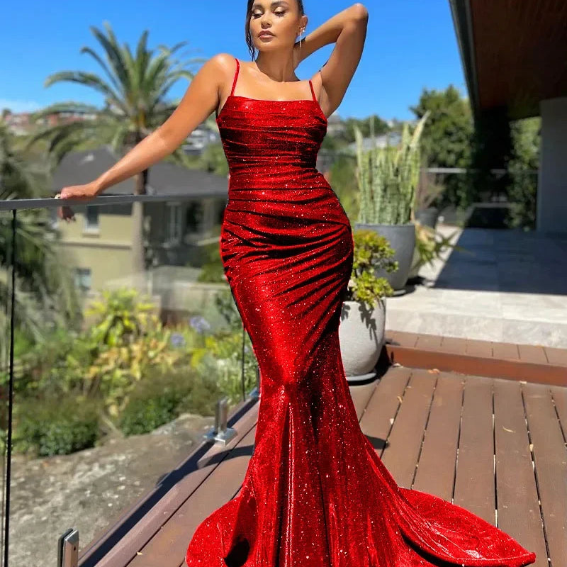 Summer Women's Sleeveless Suspender Shine Long Length Fishtial Maxi Dress Slim Female Party Dresses Vestido Plus Size 10xl Red