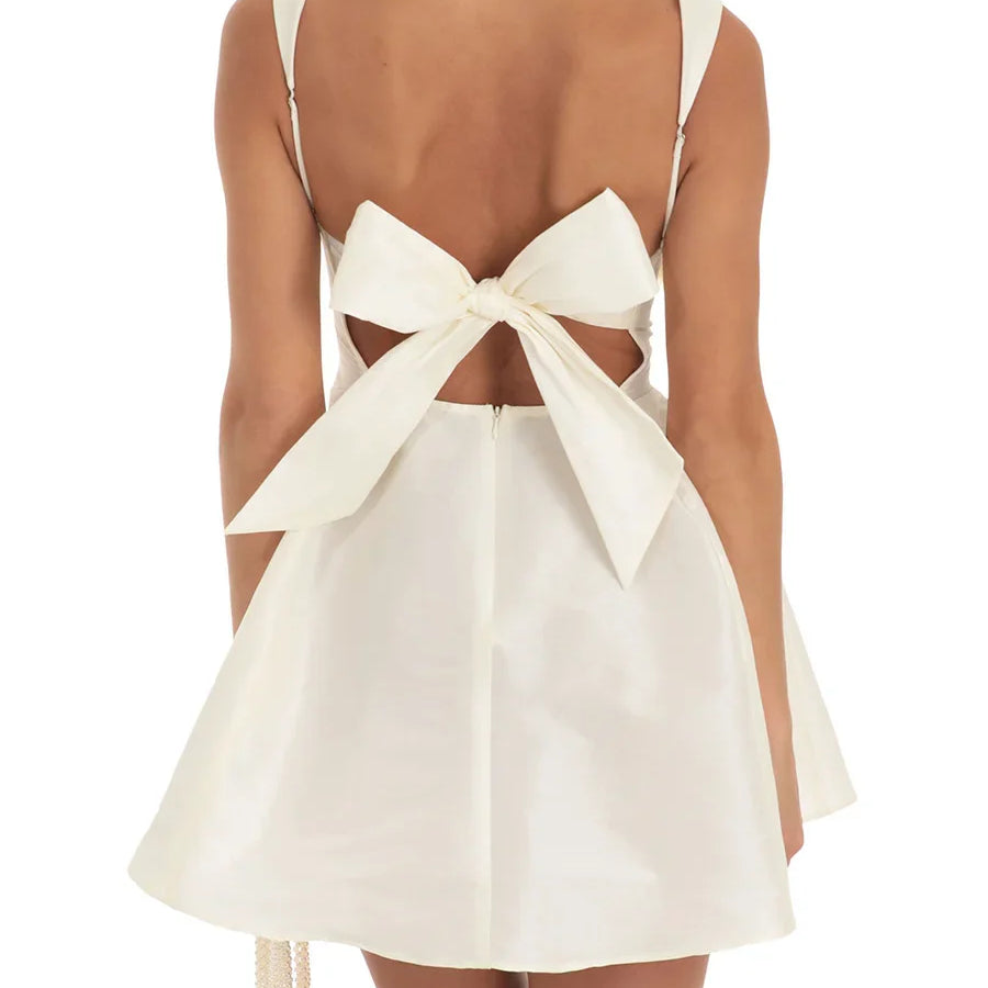 Women Summer Backless Big Bow Straps A-line Dress Sweet Solid Color Sleeveless Square Neck Short Dresses for Party Cocktail Prom