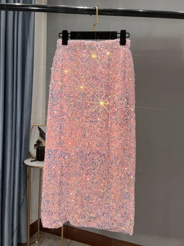 French High-waisted Slim Skirt High-quality Shiny All-match Mid-length Thickened Hip Skirt Split Black Sequin Skirt Women powdered gold