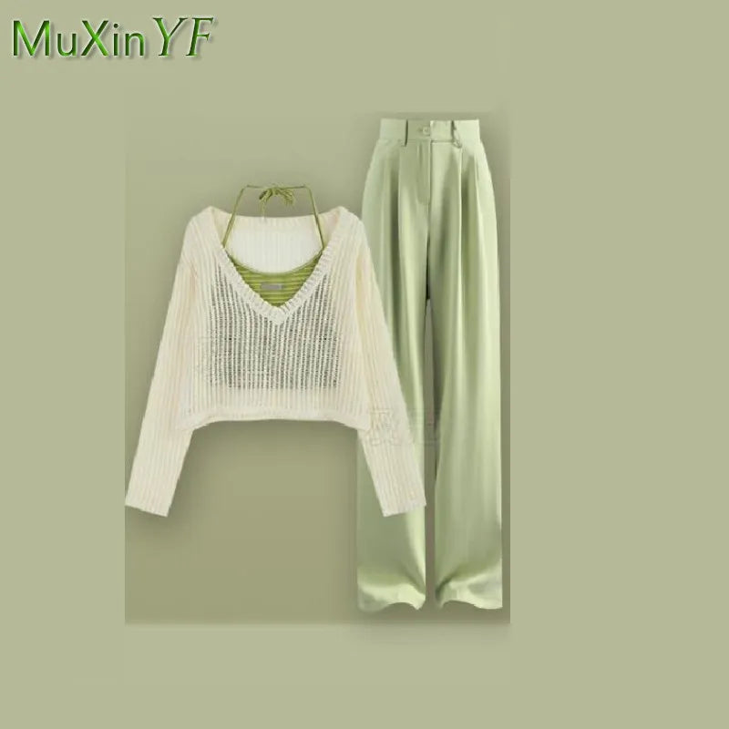 Women's Summer Fashion Hollow Out Shirt+Suspender+Wide Leg Pants Three Piece 2024 New in Matching Set Korean Elegant Tracksuit