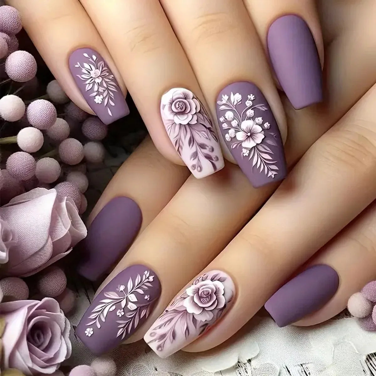 24pcs Purple Ballet Press on False Nails Art Short Coffin Nails Tips Flower Design Fake Nail Reusable with Jelly Glue Manicure BL-03