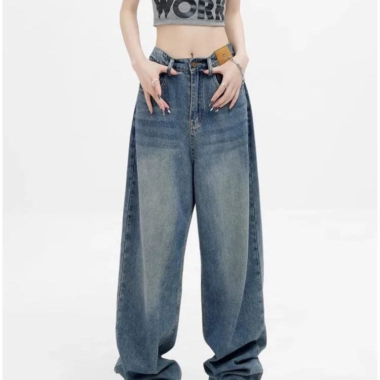 Women Retro Aesthetic Wide Leg Baggy Casual Denim Trouser Harajuku Blue High Waist Loose Jeans Spring Fashion Pants