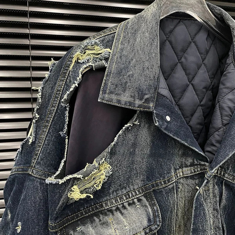 Autumn Winter New Distressed Layered Design Irregular Quilted Denim Coat For Women Streetwear Style Jacket 11A07891