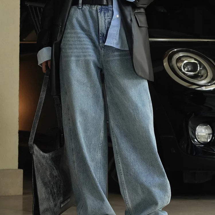 [LANMREM] Streetwear Washed Jeans For Women High Waist Straight Wide Leg Pants Fashion Female Denim Trousers Spring New