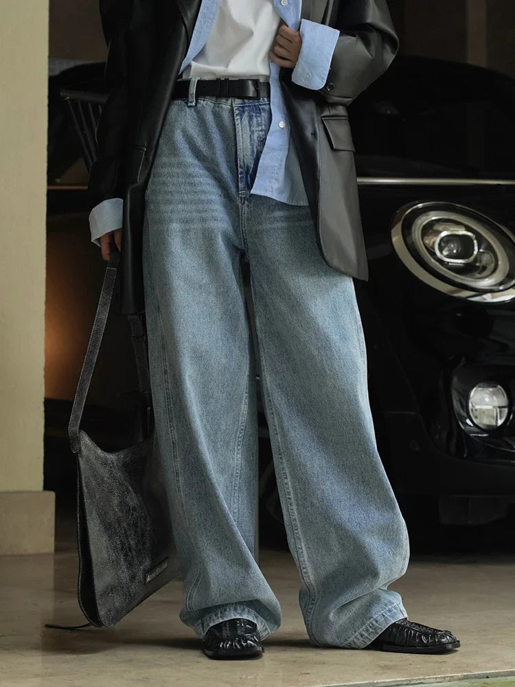 [LANMREM] Streetwear Washed Jeans For Women High Waist Straight Wide Leg Pants Fashion Female Denim Trousers Spring New