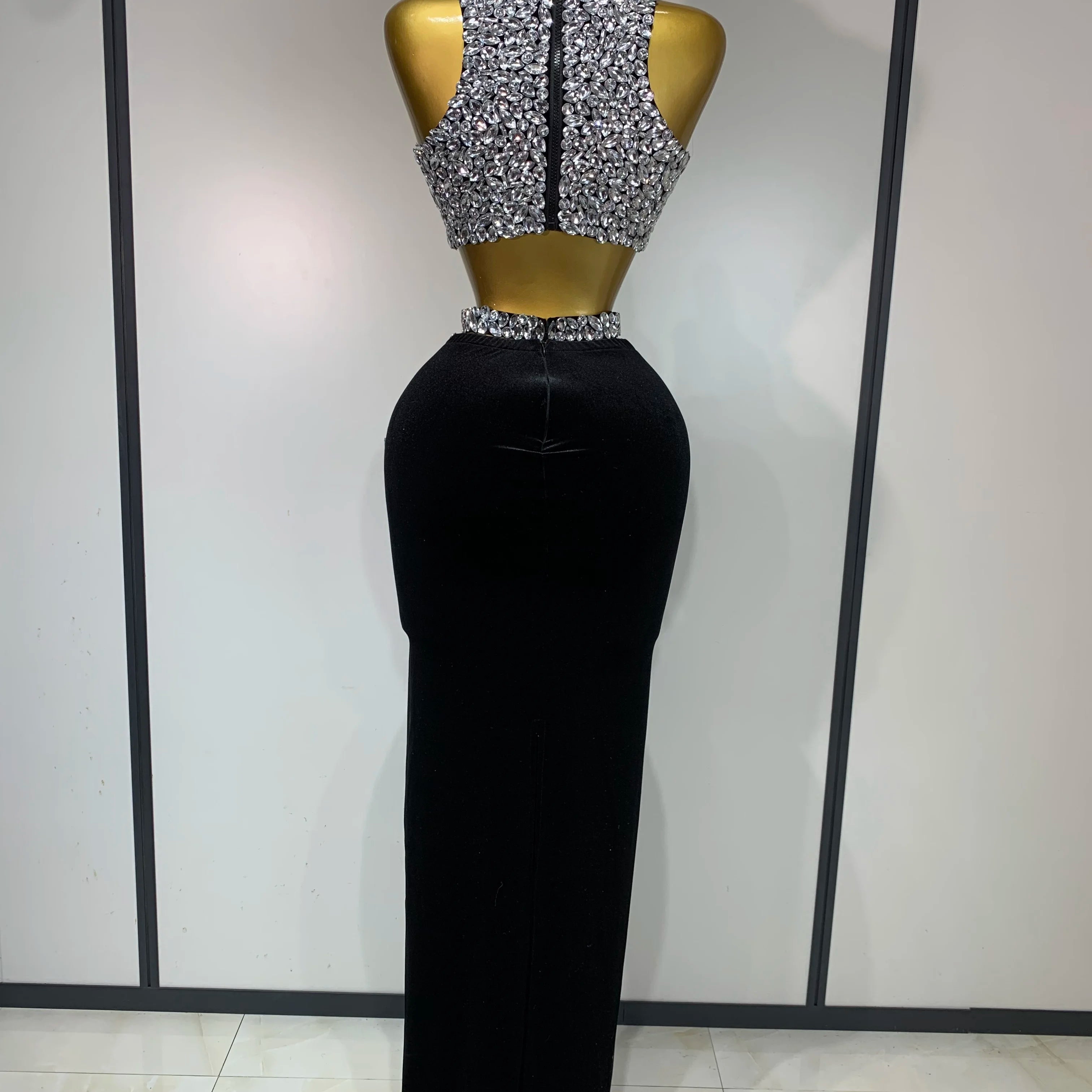 Sparkly Crystal Bodycon Long Dress 2025 Women Sexy Crop Top 2 Pieces Set Nightclub Elegant Party Performance Stage Costume