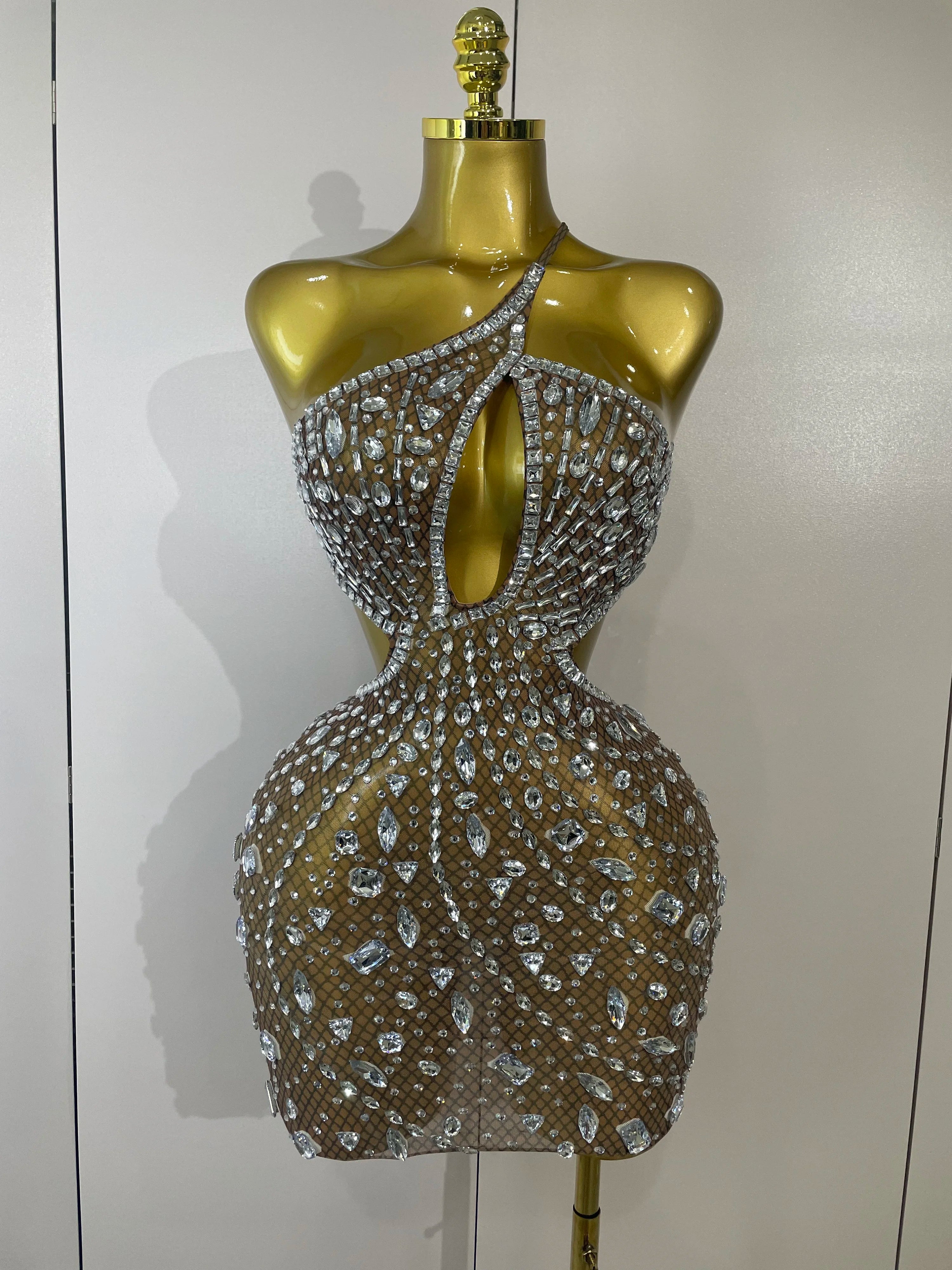 Stock Women Sparkly Big Crystal Sexy Off the Shoulder Mesh See Through Mini Dress Nightclub Party Celebrate Birthday Dress Dark Brown