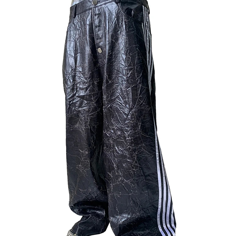 Lautaro Autumn Long Black Faux Leather Wide Leg Pants for Mens with Side Stripes Holes Luxury Emo Streetwear European Fashion